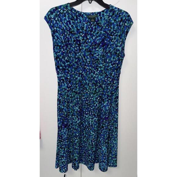 RALPH LAUREN V-NECK Cap Sleeve Fit Flare BLUE & AQUA KNIT Jersey DRESS Size 10 - Picture 4 of 9